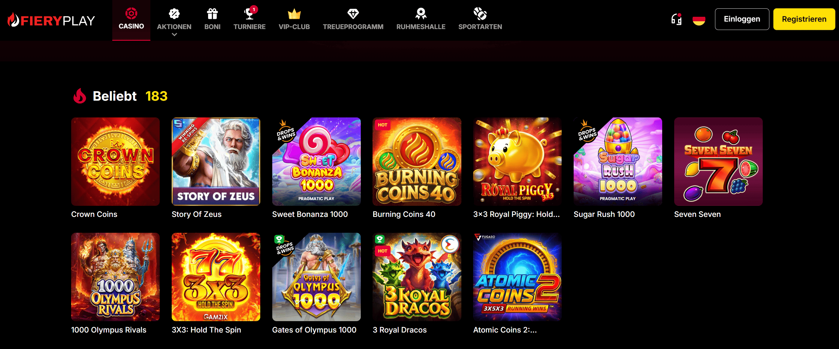 Fiery Play Casino Startseite Screenshot – Mobile Wallet Auszahlungen und Spielauswahl 2026