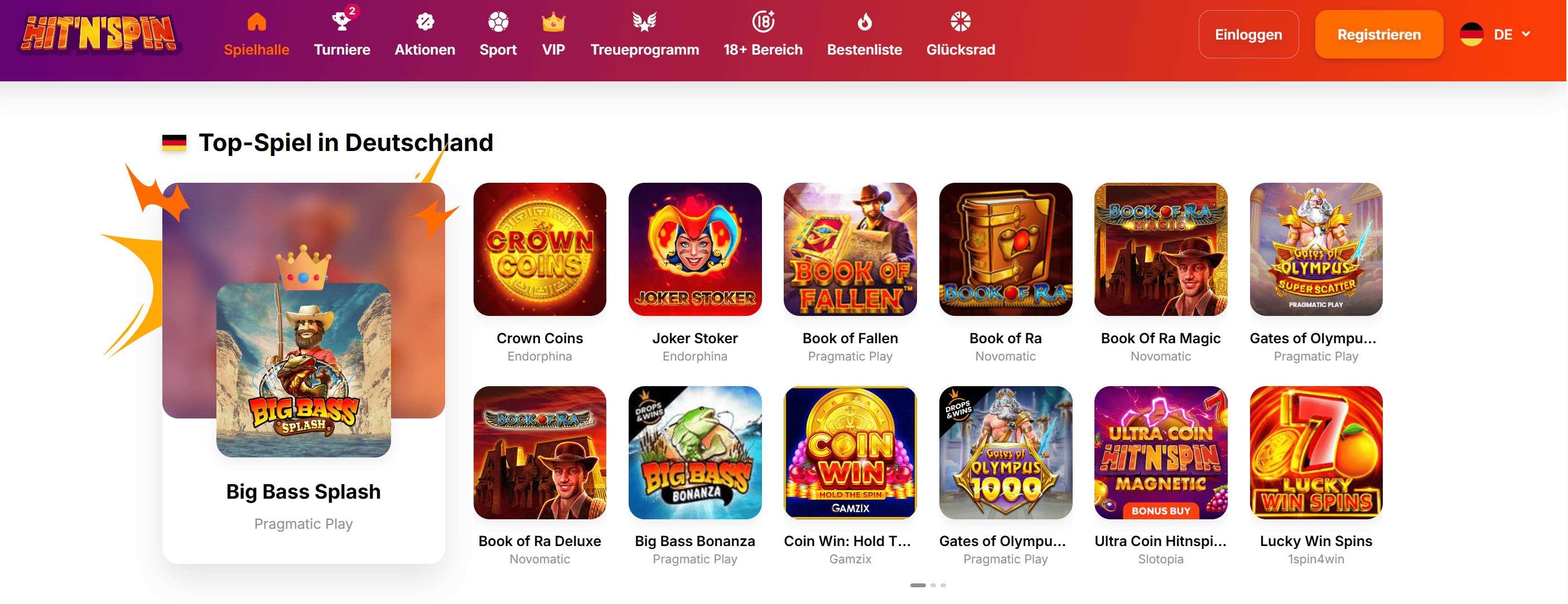 Hit'n'Spin Casino Startseite Screenshot – Spielauswahl und Top-Spiele Deutschland 2026