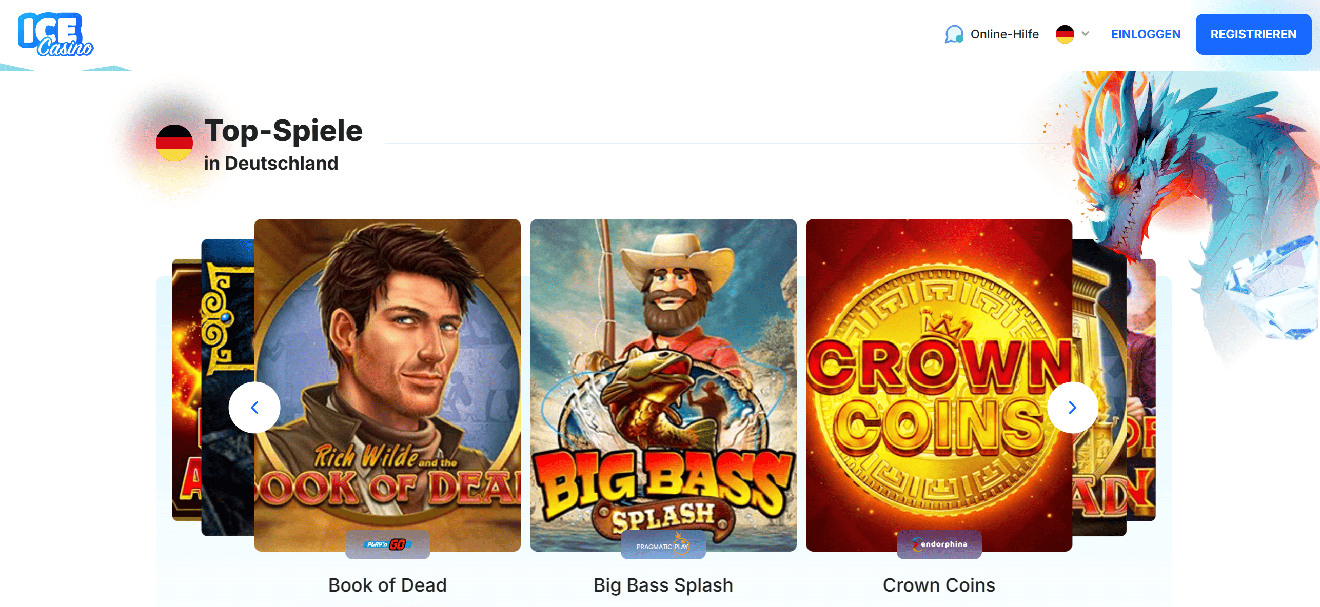 Ice Casino Startseite Screenshot – Top-Spiele Book of Dead, Big Bass Splash 2026