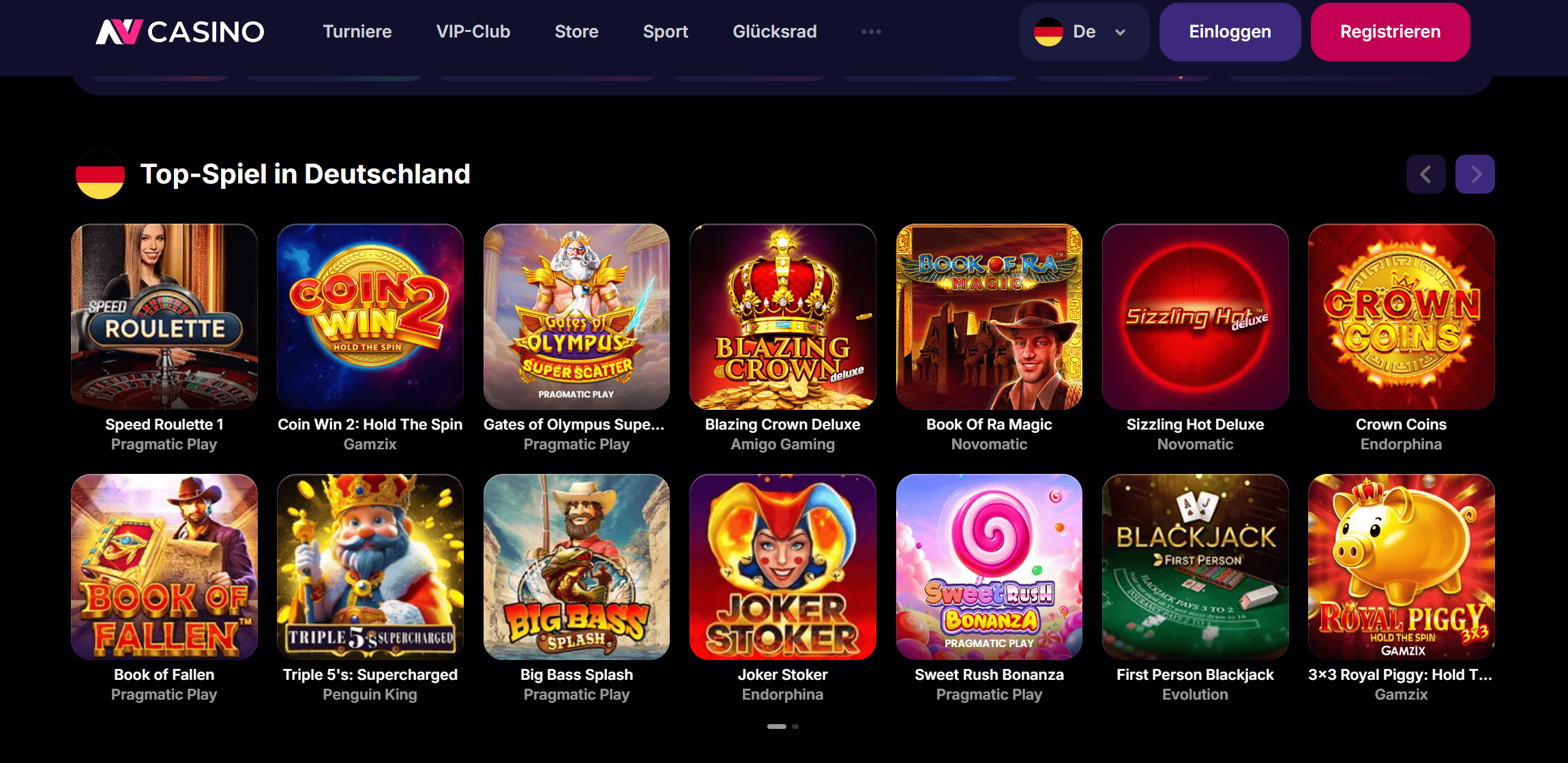 NV Casino Startseite Screenshot – Casino und Sportwetten Spielauswahl 2026