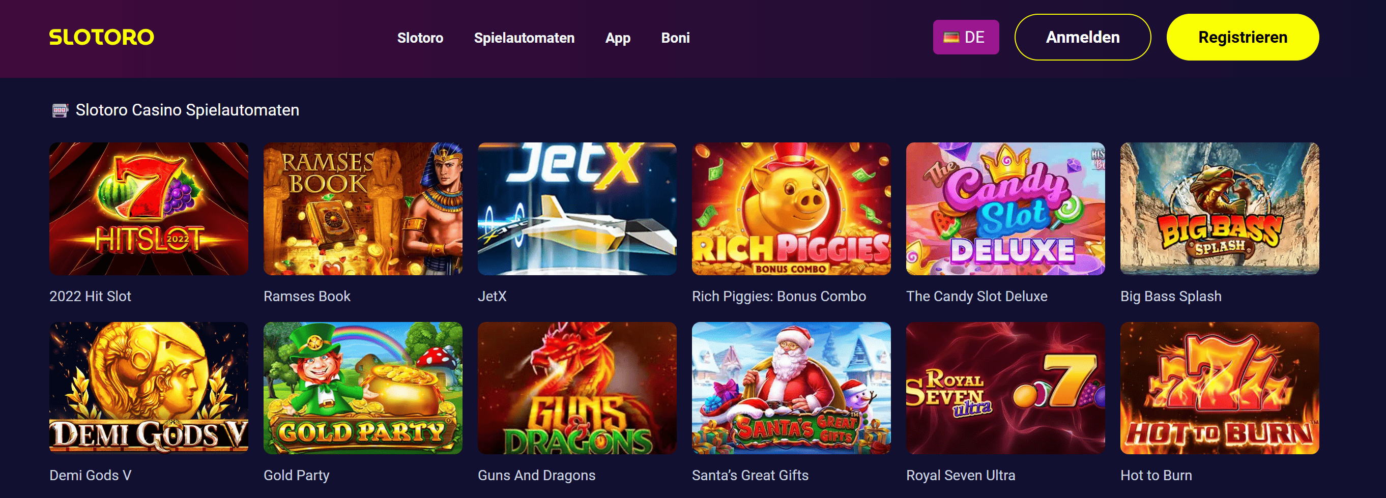 Slotoro Casino Startseite Screenshot – Spielautomaten und mobile Spielauswahl 2026