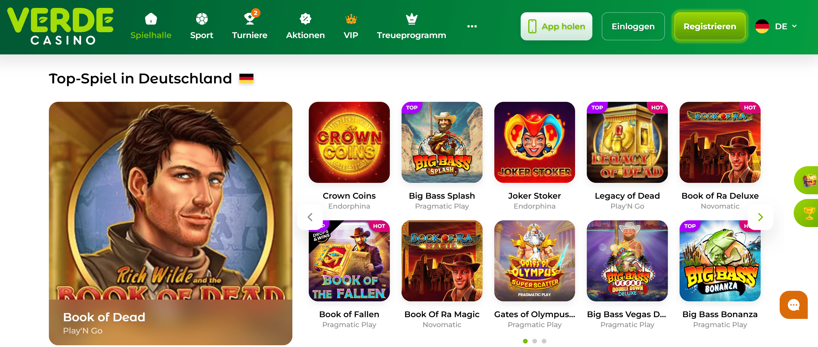 Verde Casino Startseite Screenshot – Spielhalle, Turniere und Top-Spiele 2026