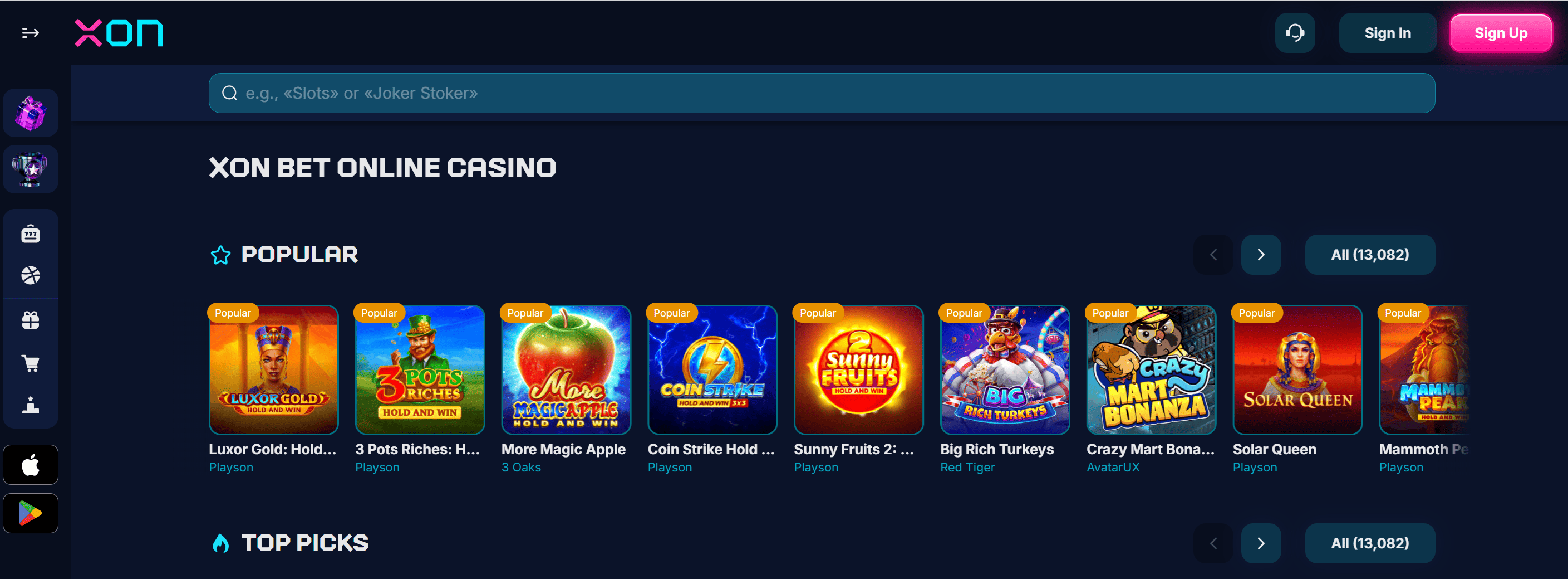 XON.bet Casino Startseite Screenshot – Große Spielauswahl und Top Bonus 2026