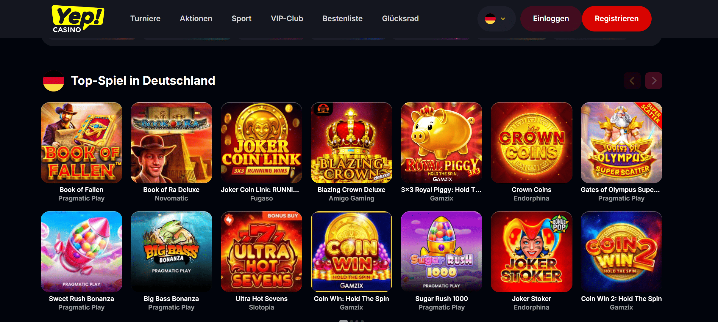 Yep Casino Startseite Screenshot – Top-Spiele in Deutschland, Spielauswahl 2026